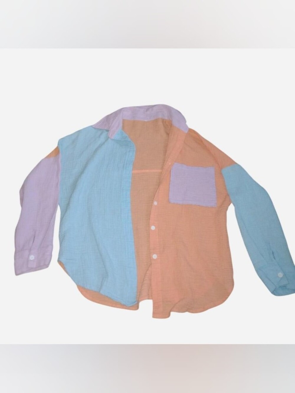 Color Block Double Gauze Button Down Shirt - Pastel Pink Blue Peach - Size M